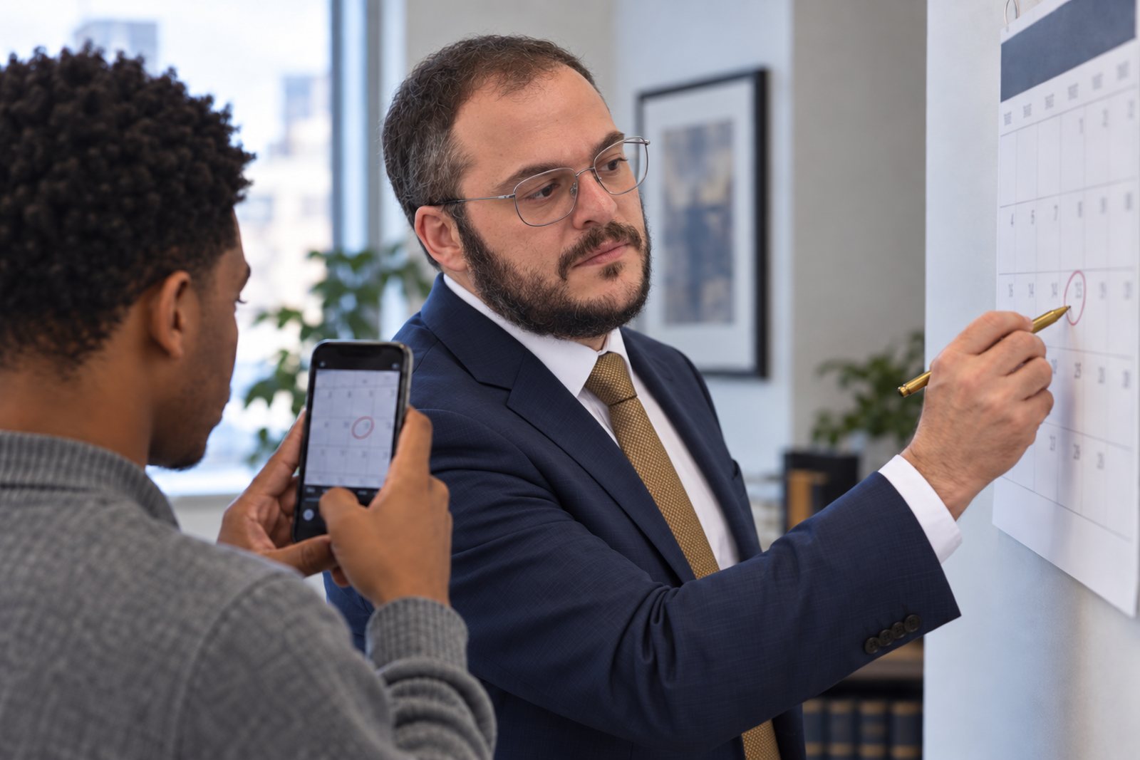 Mikhail Usher circling a date on a calendar while a client photographs it